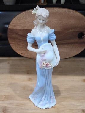 Porcelain Lady Figurine in Pastel Blue Dress with Floral Hat
